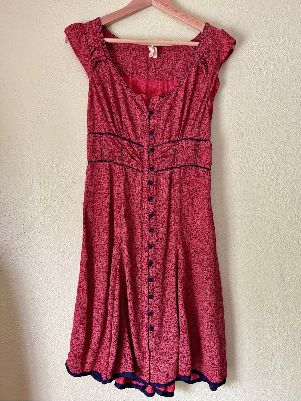 Maeve by Anthropologie Red/Pink Midi Button-Front Dress with Navy Trim